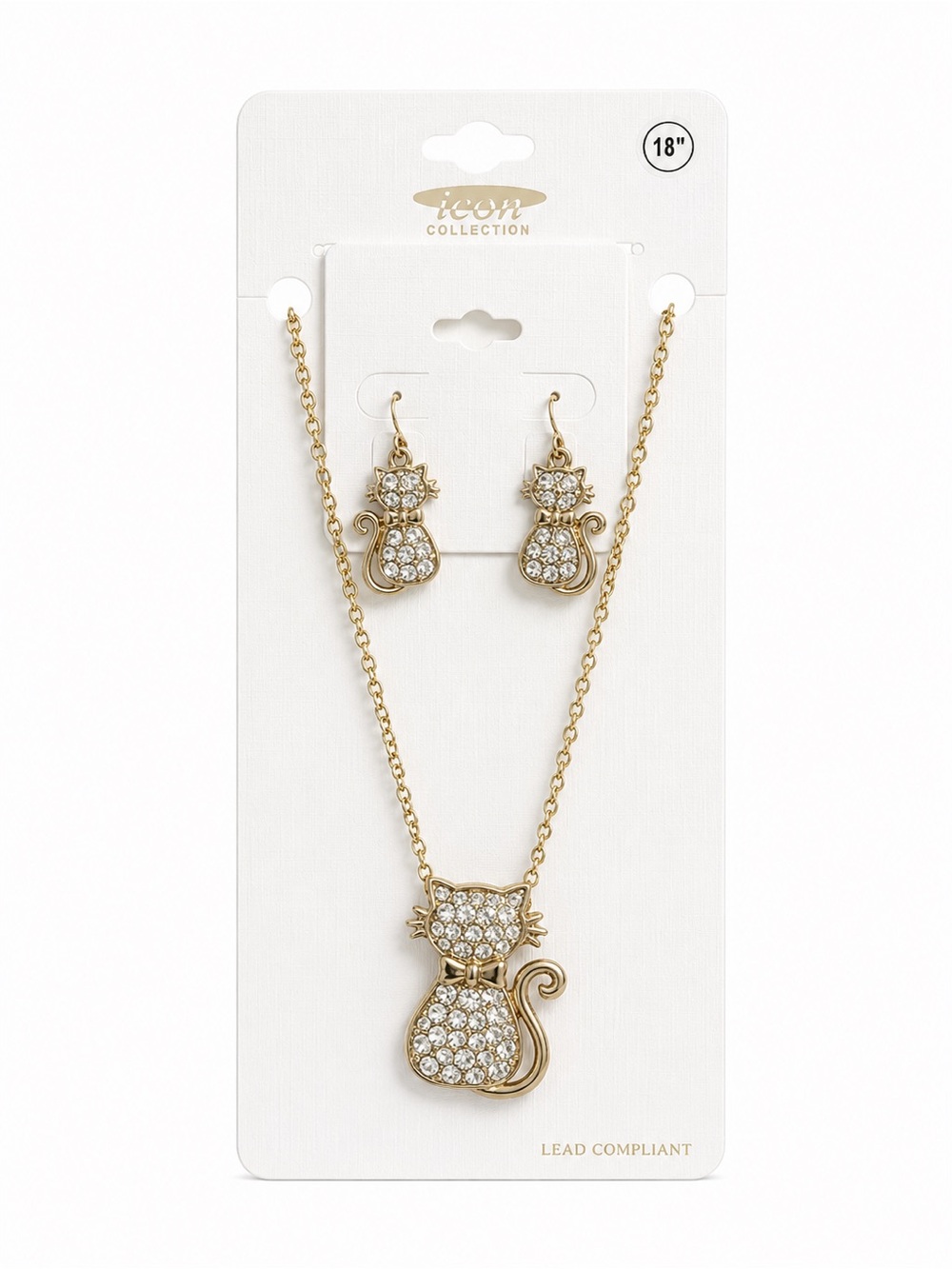 Gold Tone Rhinestone Cat Necklace & Earrings Set Cute Kitty Gift 18 Inch NWT